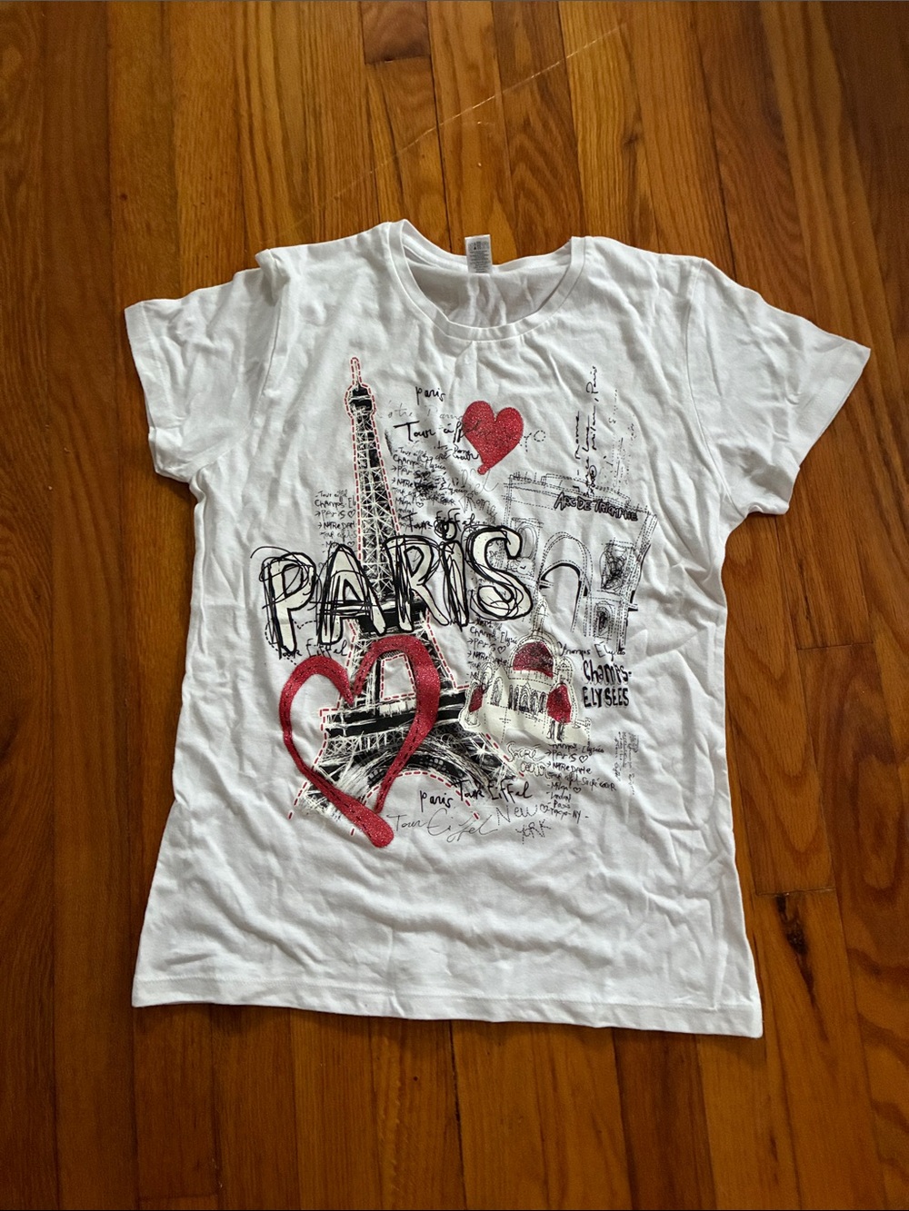 Kids White Paris Graphic Tee with Red Heart Detail
